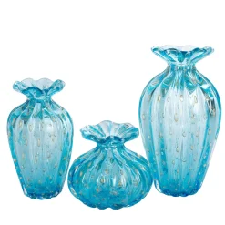 Officine di Murano 1295 1950 Set di 3 vasi blu chiaro con bolle d'oro> Vasi Da Fiori