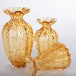 Officine di Murano 1295 1950 Set di 3 vasi in ambra con bolle d'oro><noscript><img width=
