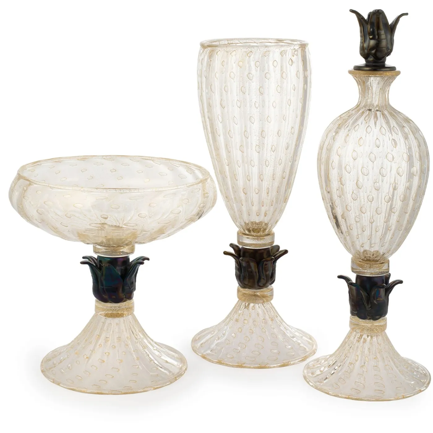 Officine di Murano 1295 Bottiglia con piede nero e oro 24KT> Vasi Con Coperchio