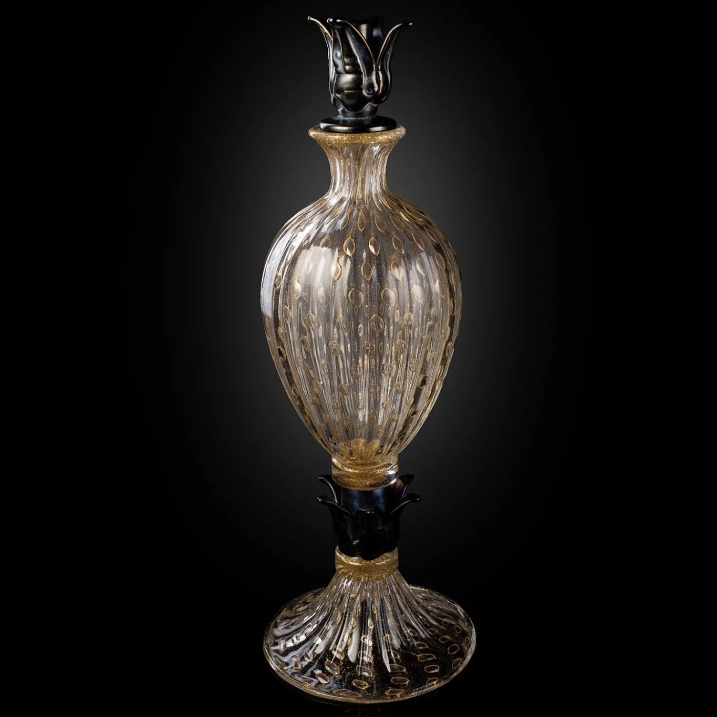 Officine di Murano 1295 Bottiglia con piede nero e oro 24KT> Vasi Con Coperchio