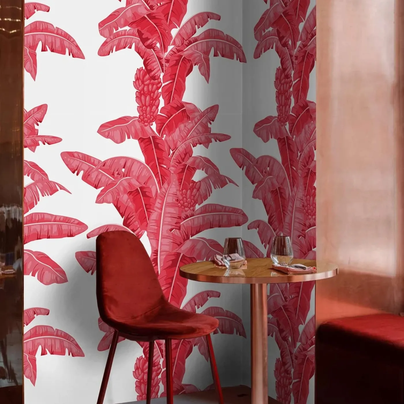 Wallpapers4Beginners Carta da parati a foglie di palma tropicale in rosso e bianco> Carte Da Parati