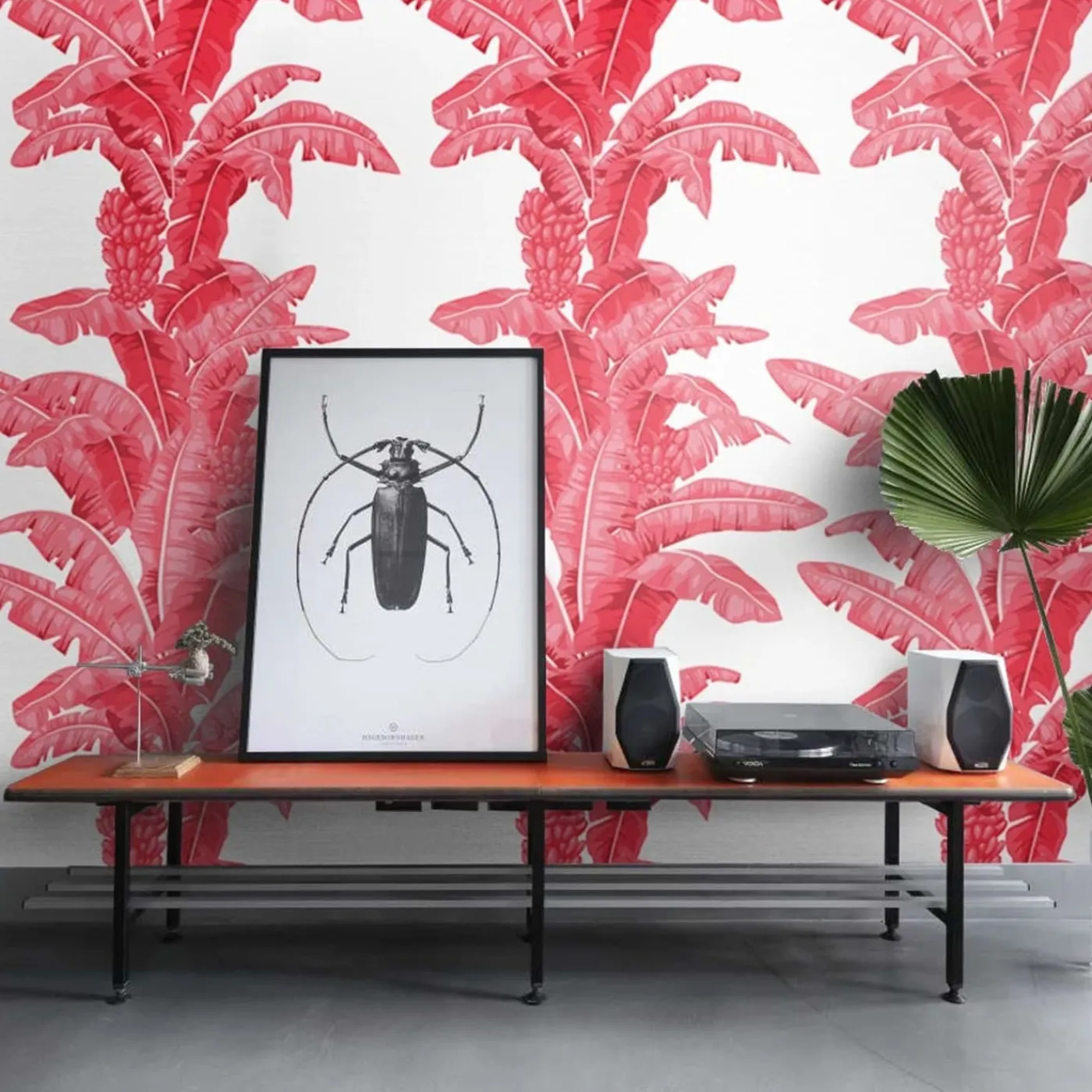 Wallpapers4Beginners Carta da parati a foglie di palma tropicale in rosso e bianco> Carte Da Parati