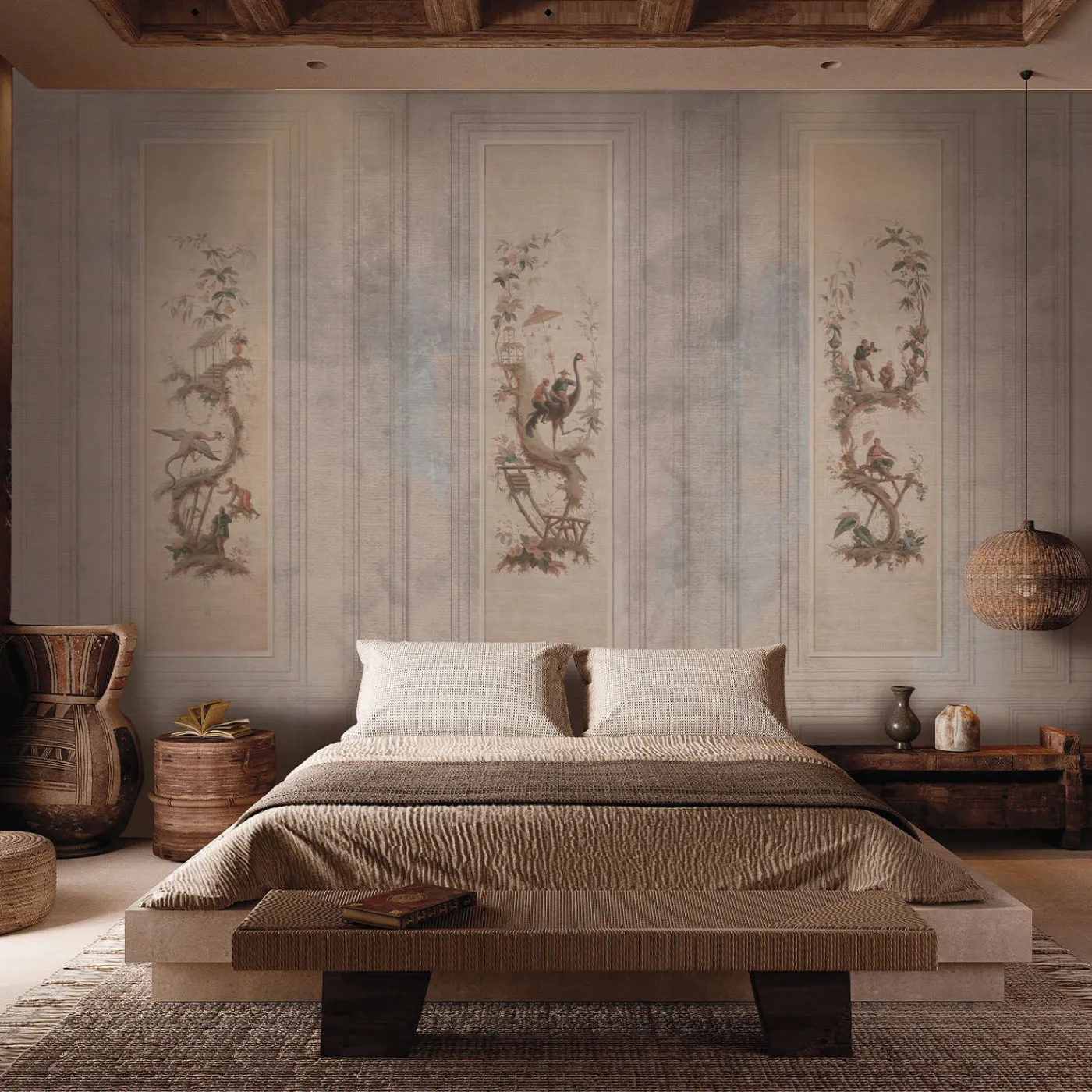 Officinarkitettura Carta da parati Chinoiserie beige e azzurro chiaro con elementi architettonici> Carte Da Parati