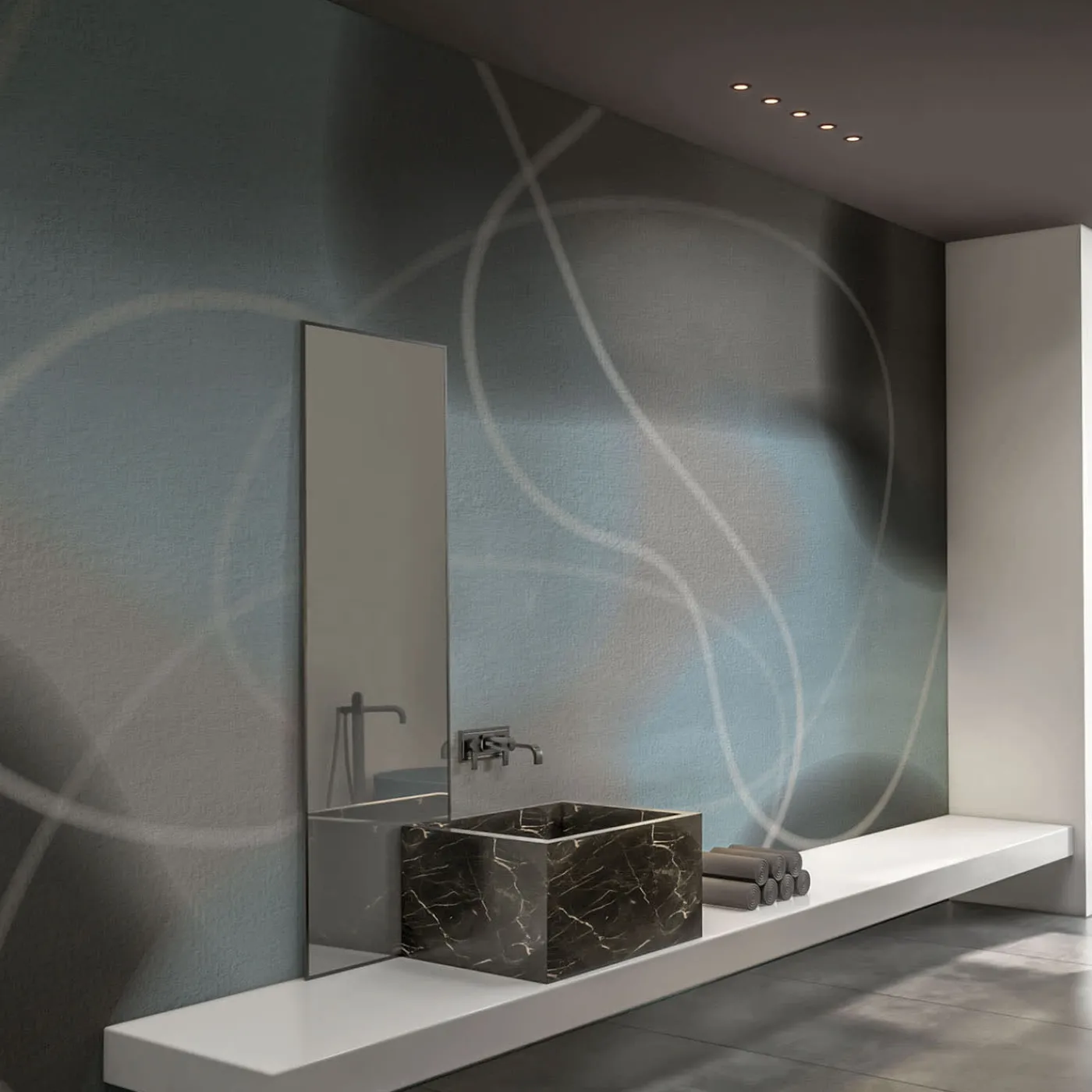 Affreschi & Affreschi Carta da parati strutturata in azzurro e grigio della collezione Flo di Karim Rashid> Carte Da Parati