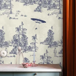 Wallpapers4Beginners Carta da Parati Toile de Jouy Blu con Alien Abduction> Carte Da Parati