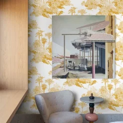 Wallpapers4Beginners Carta da Parati Toile de Jouy Francese con Giungla Gialla Senape> Carte Da Parati