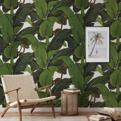 Wallpapers4Beginners Carta da Parati Tropicale Verde e Bianca con Foglie di Banano> Carte Da Parati