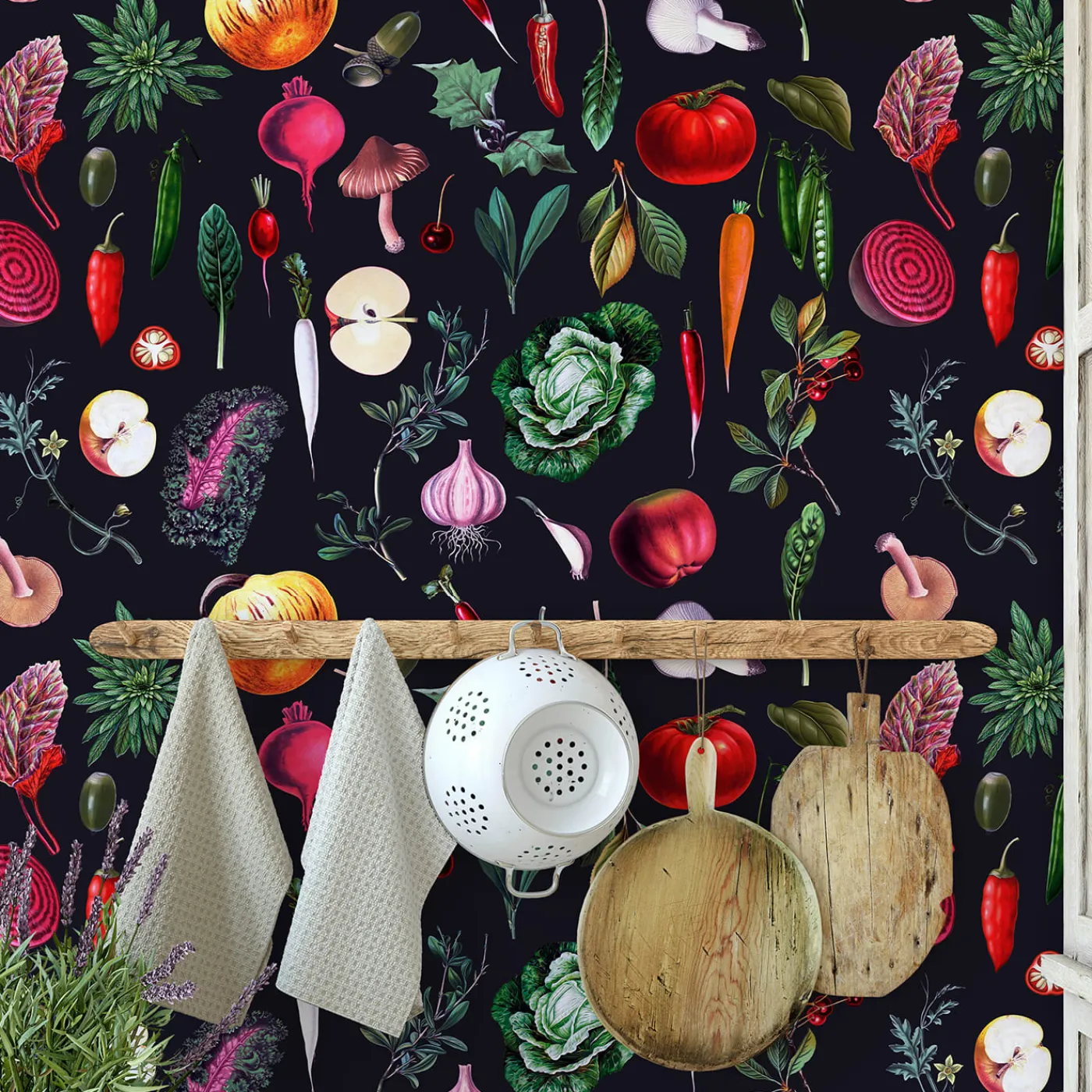 Wallpapers4Beginners Carta da Parati Vintage Nera con Verdure per Cucina> Carte Da Parati