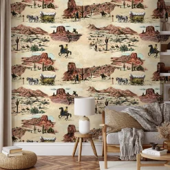 Wallpapers4Beginners Carta da Parati Vintage Western con Cowboy e Cavalli> Carte Da Parati