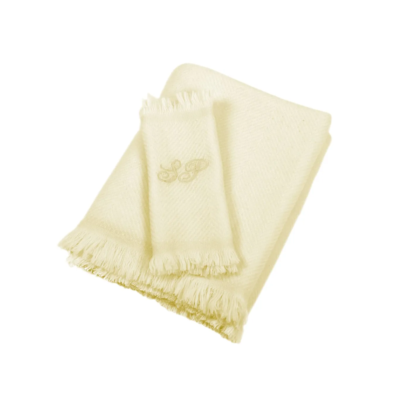 San Patrignano Coperta per neonati in 100% cashmere color crema e giallo limone con frange corte> Coperte