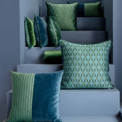 l'Opificio Cuscino Carrè turchese in tessuto jacquard e velluto di lino><noscript><img width=