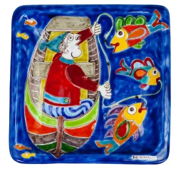 Ceramiche De Simone DS Piastra quadrata Pesca in barca> Piatti Decorativi