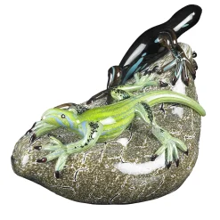 VGnewtrend Due lucertole verdi di vetro su pietra> Statuine