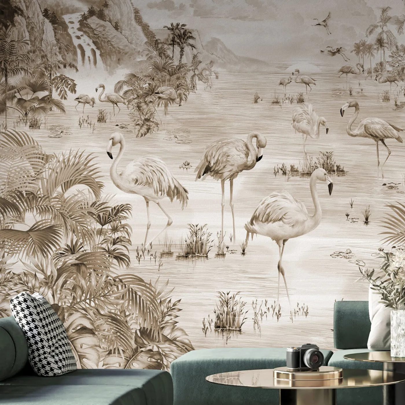 Affreschi & Affreschi Fenicotteri Seppia Carta da parati testurizzata realizzata a mano> Carte Da Parati