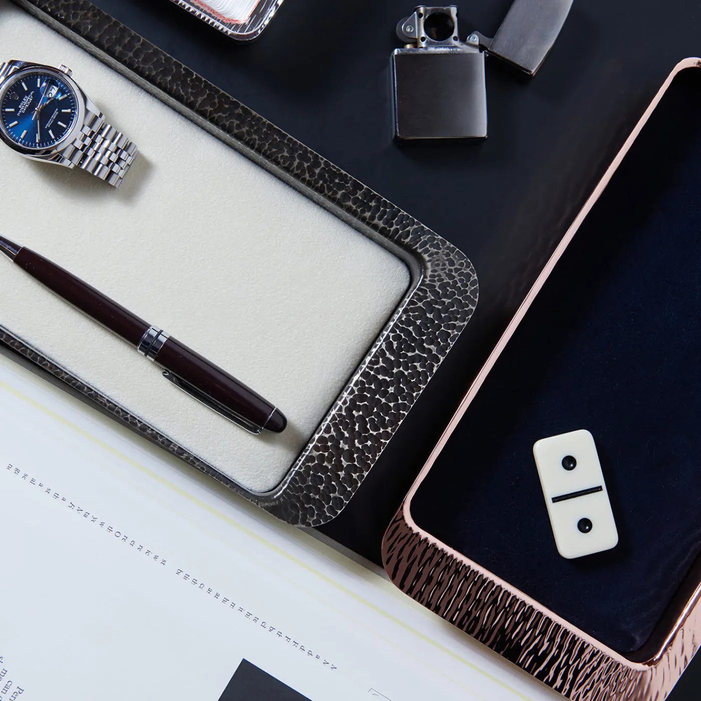 Zanetto Firenze Vassoio rettangolare brunito e bianco crema con tasca vuota> Svuotatasche