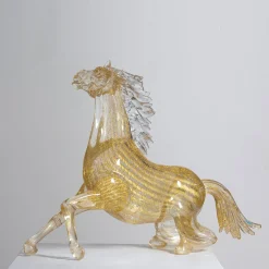 Zanetti Murano Grande cavallo seduto in vetro dorato> Statuine