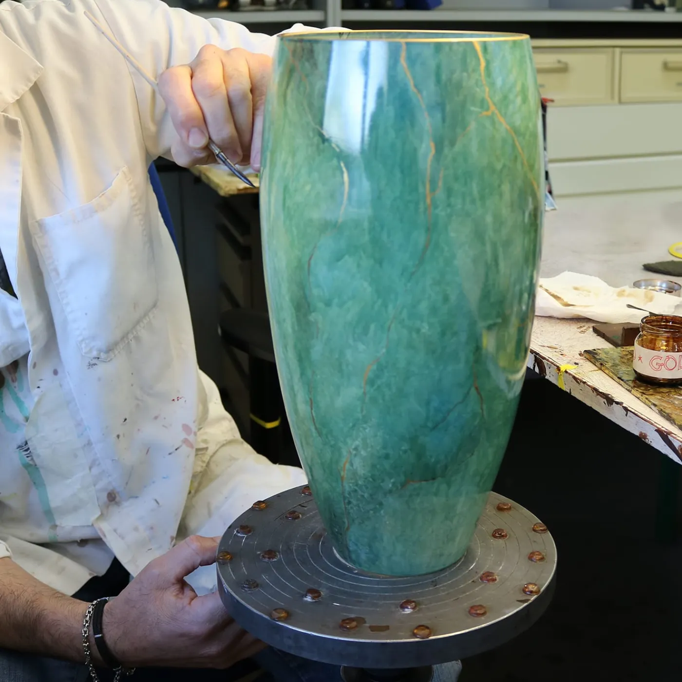 Griffe Montenapoleone by Vetrerie di Empoli Marmo Vaso alto verde con oro> Vasi Da Fiori