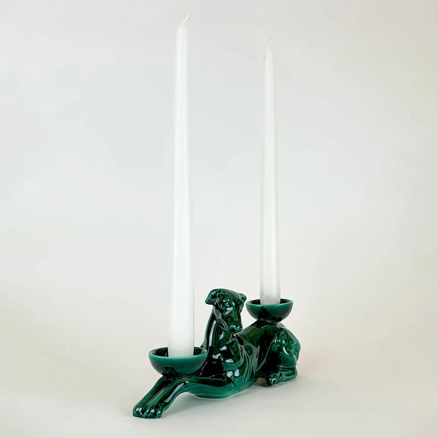 Ceramica Gatti 1928 Portacandele in Ceramica Fiamme Bestiali Levriero Verde Smeraldo> Candelieri E Portacandele
