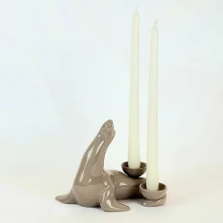 Ceramica Gatti 1928 Portacandele in Ceramica Fiamme Bestiali Foca Taupe> Candelieri E Portacandele