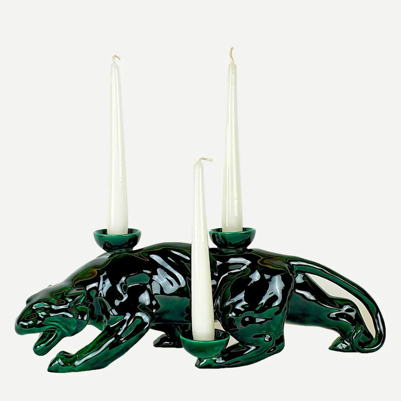 Ceramica Gatti 1928 Portacandele in Ceramica Fiamme Bestiali Pantera Verde> Candelieri E Portacandele