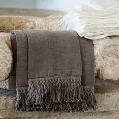 Once Milano Set di 2 asciugamani in lino blu chiaro con lunghe frange><noscript><img width=