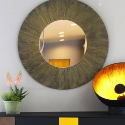 Disain 1971 Sole Specchio Tondo Luminoso Decorato Con Resina Spazzolata A Raggiera Color Oro E Bronzo><noscript><img width=