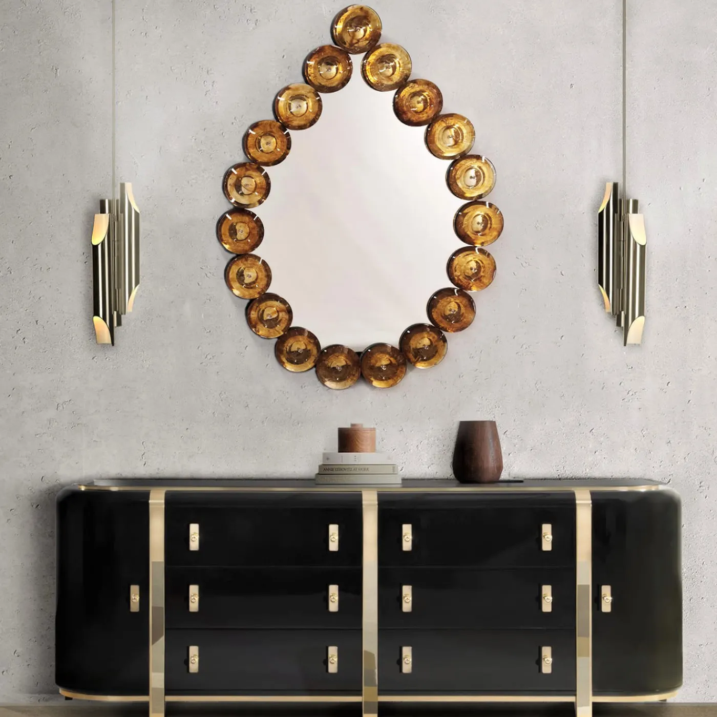 Fratelli Tosi Specchio da parete in vetro di Murano Goccia Ambra> Specchi Da Parete