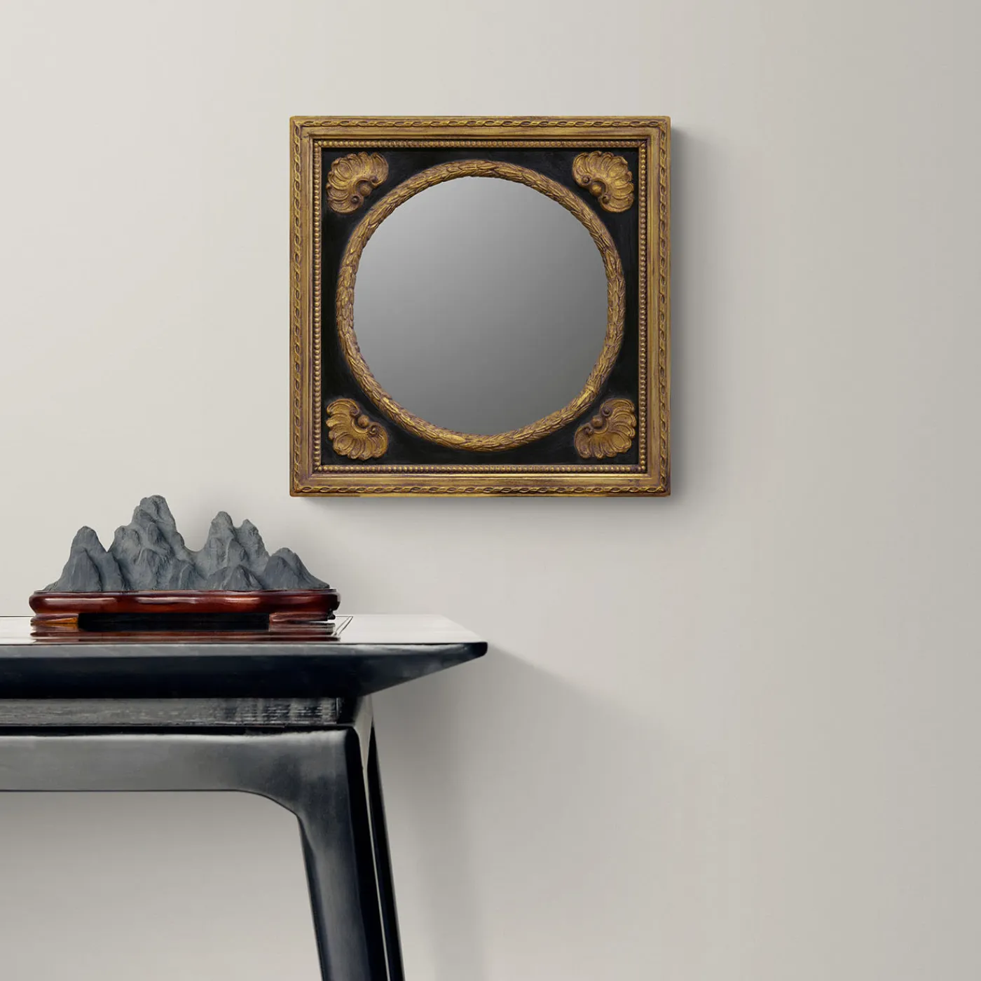 Caiafa Specchio da parete rotondo in ebano e oro> Specchi Da Parete