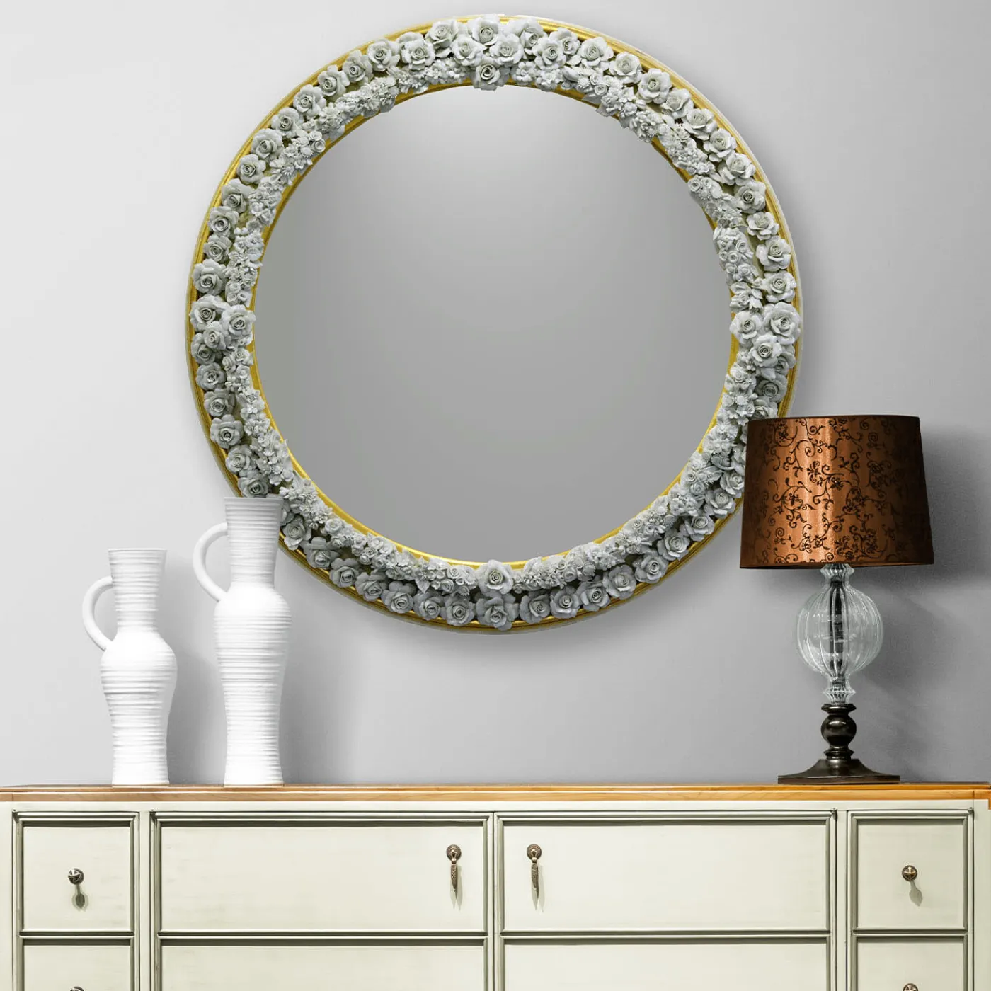 Caiafa Specchio rotondo dorato con rose in porcellana di Capodimonte> Specchi Da Parete