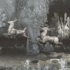 KOHRO Tessuto da rivestimento in poliestere Wildscape, nero e argento, scintillante><noscript><img width=