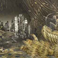 KOHRO Tessuto da rivestimento in poliestere Wildscape, nero e oro, scintillante><noscript><img width=