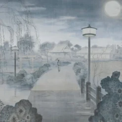 KOHRO Tessuto da rivestimento in cotone Nihon Moon grigio e blu> Carte Da Parati