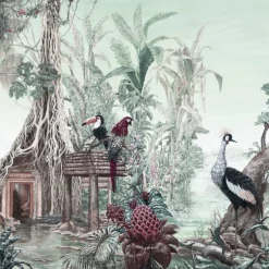 KOHRO Tessuto da rivestimento in cotone e lino verde West Of Java> Carte Da Parati