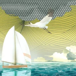 KOHRO Tessuto murale in poliestere giallo e blu mare> Carte Da Parati