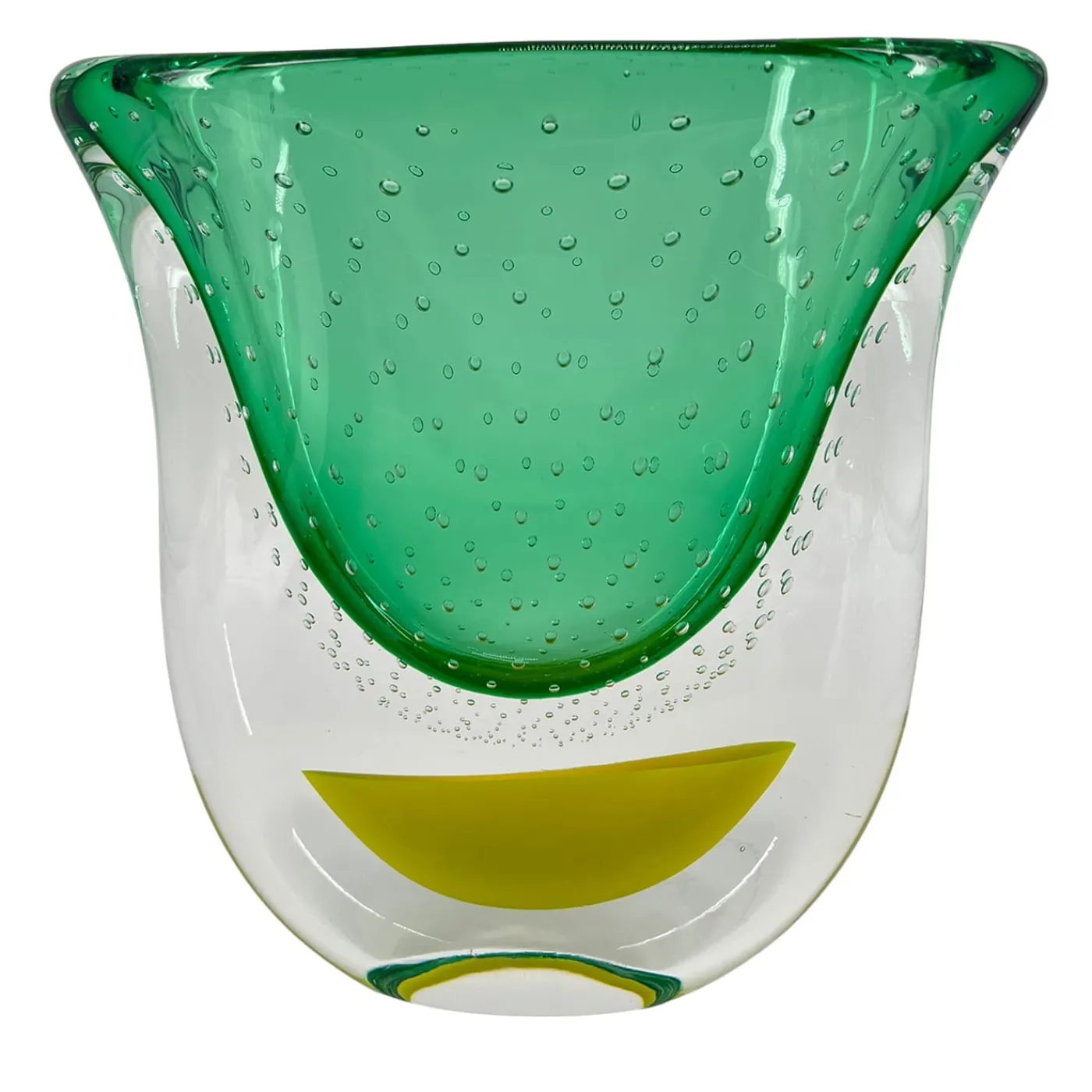 Officine di Murano 1295 Vaso scultoreo in vetro di Murano verde e giallo Gran Sommerso> Vasi Decorativi